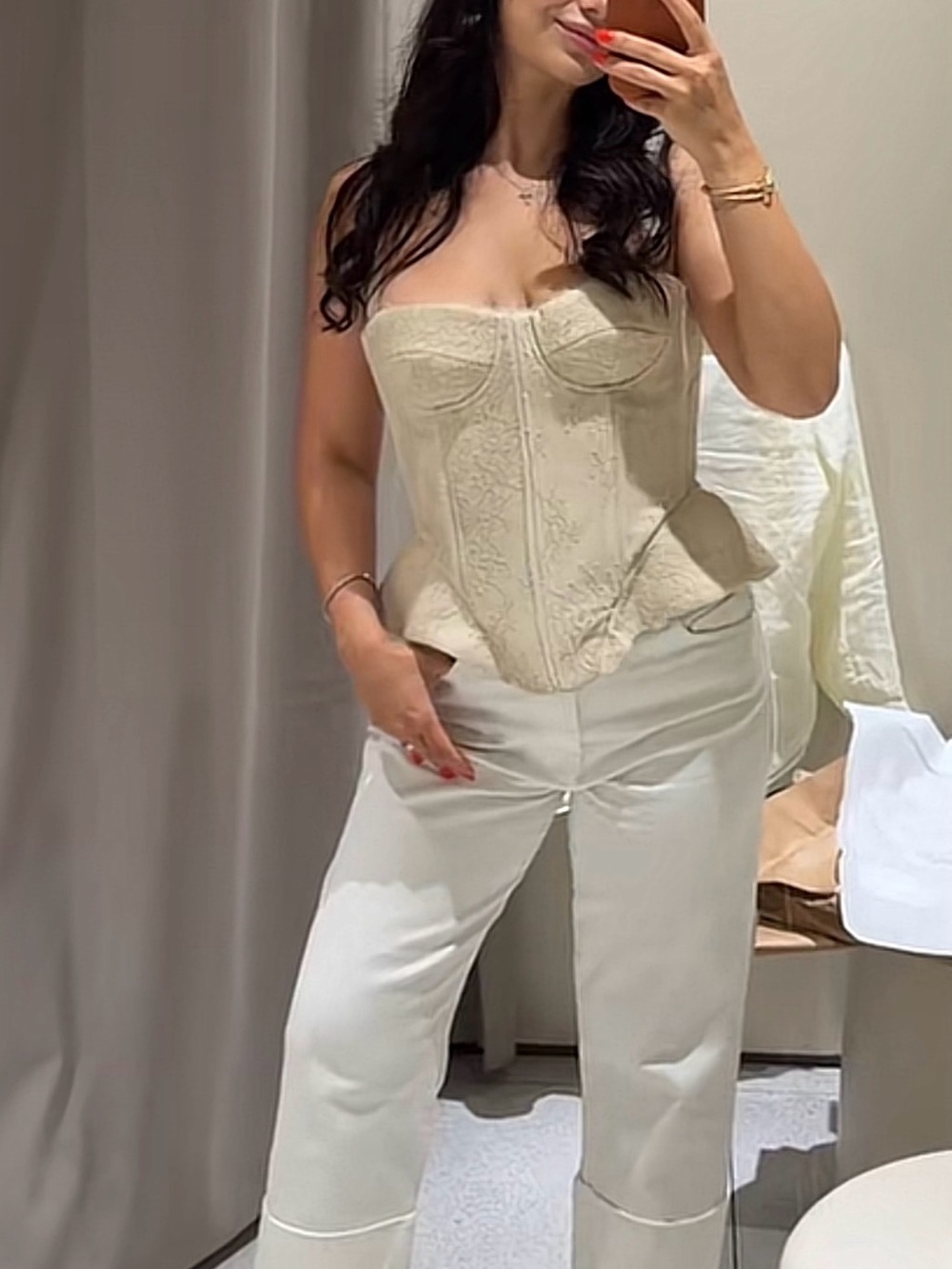 Zara Cream Corset Top with White Wide-Leg Pants